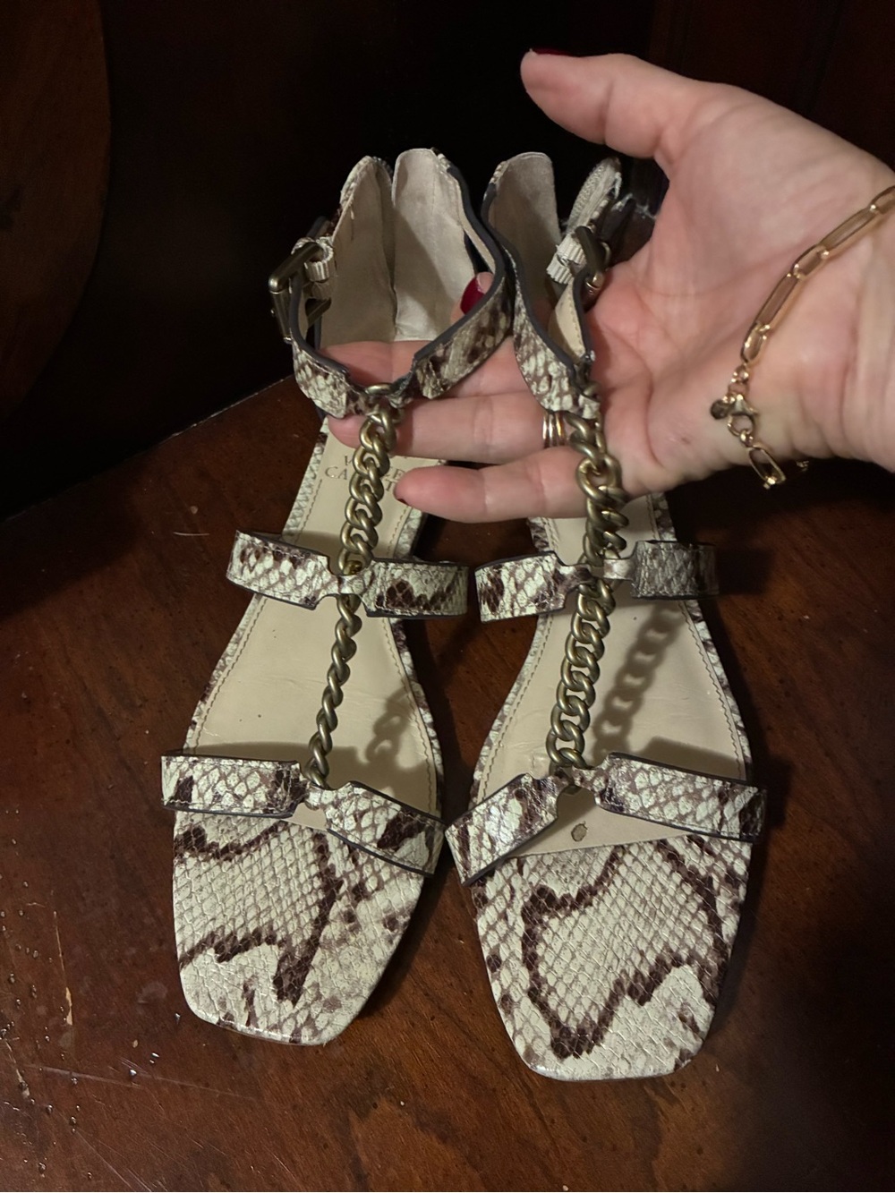 Vince Cream and Brown Snake-Print Chain T-Strap Sandals